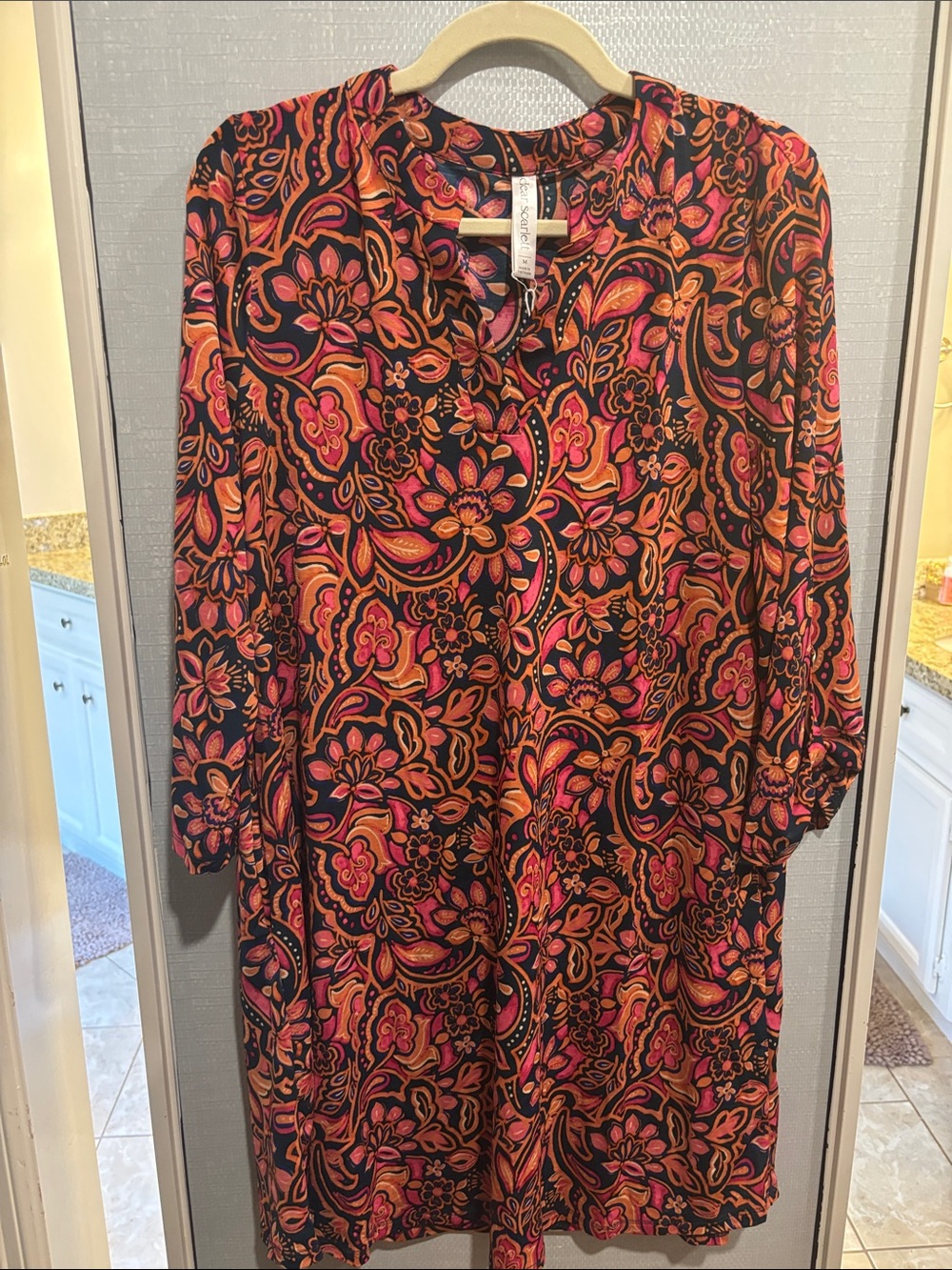 Scarlett Black Paisley Midi Dress with Pink & Orange Accents